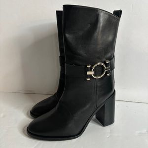 NAPOLEONI Italian Handcrafted  Mid Calf Leather  Women Boots  Black Sz 6.5/37